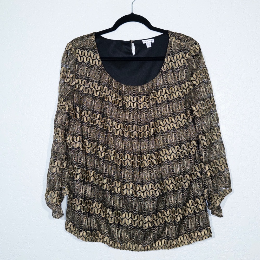 Rebecca Malone Black & Gold Lace Overlay Blouse Size XL‎